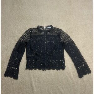 Story On‎ Black Lace Crochet Mock Neck Bell Sleeve Crop Top Women's Size L
